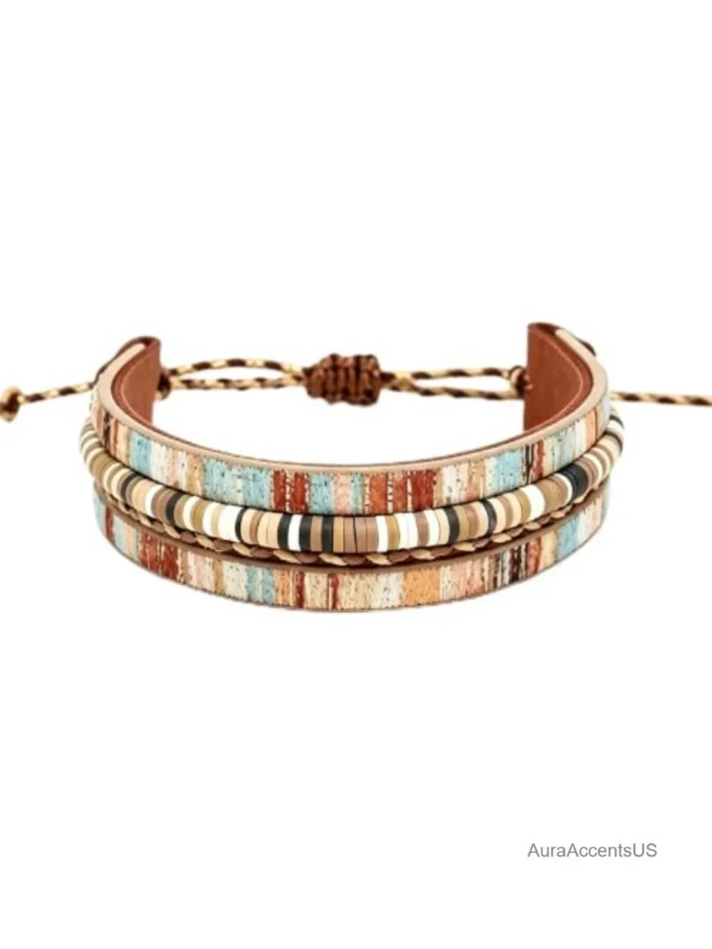 Boho Faux Leather Wrap Bracelet Stackable Clay Bead Jewelry